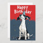 Rood & Grijs Cartoon Hond Verjaardagsfeest Kaart (Voorkant / Achterkant)