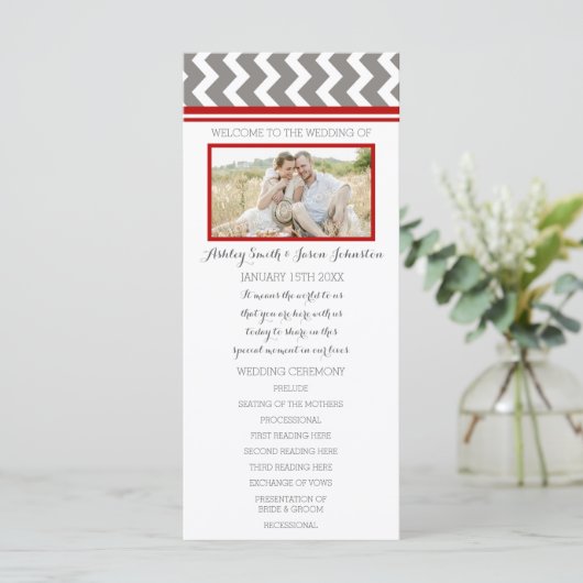 Rood Grijs Chevron Foto Trouwprogramma Programmakaart (Staand voorkant)
