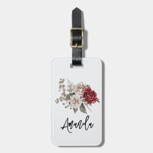 Rood Grijs & Cream Boho Bloem Boeket Bagagelabel (Voorkant verticaal)