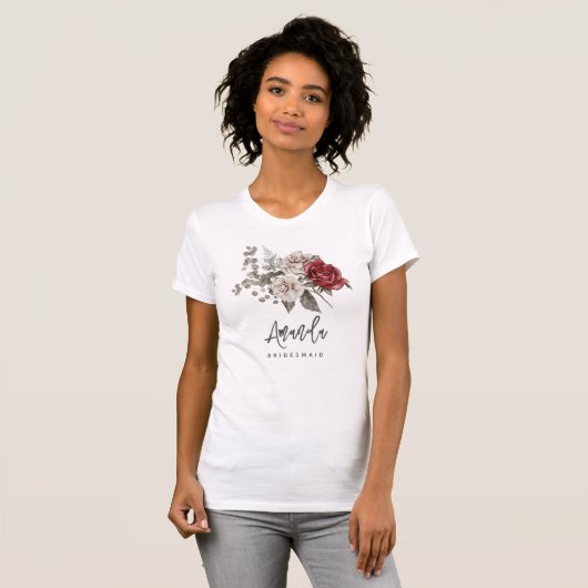 Rood Grijs & Cream Boho Bloem Boeket Bruidsmeisje T-shirt (Voorkant volledig)