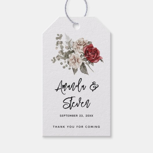 Rood Grijs & Cream Boho Bloem Boeket Bruiloft Cadeaulabel (Voorkant)