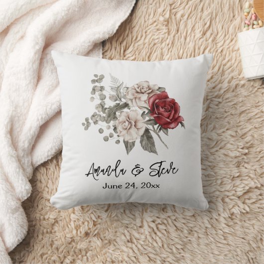 Rood Grijs & Cream Boho Bloem Boeket Bruiloft Kussen (Deken)
