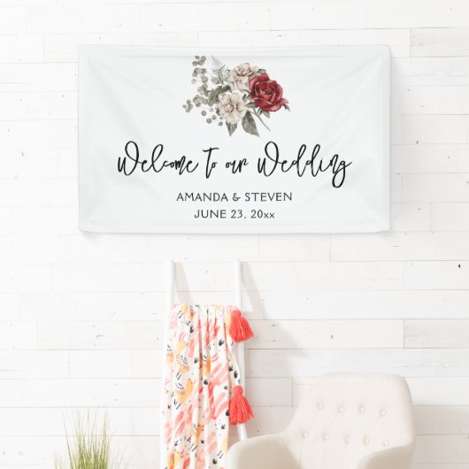 Rood Grijs & Cream Boho Bloem Boeket Bruiloft Spandoek (Insitu)