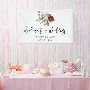 Rood Grijs & Cream Boho Bloem Boeket Bruiloft Spandoek