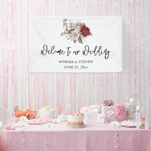 Rood Grijs & Cream Boho Bloem Boeket Bruiloft Spandoek (Feest)