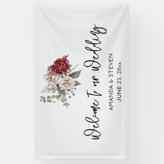 Rood Grijs & Cream Boho Bloem Boeket Bruiloft Spandoek (Verticaal)