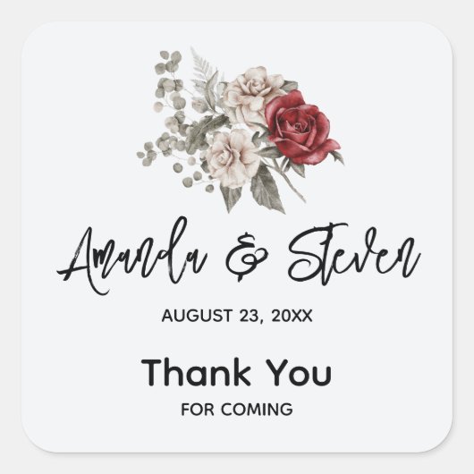 Rood Grijs & Cream Boho Bloem Boeket Bruiloft Vierkante Sticker (Voorkant)