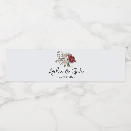 Rood Grijs & Cream Boho Bloem Boeket Bruiloft Waterfles Etiket (Enkel label)