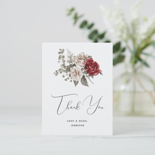 Rood Grijs & Cream Boho Bloem Boeket Dank u Briefkaart (Staand voorkant)