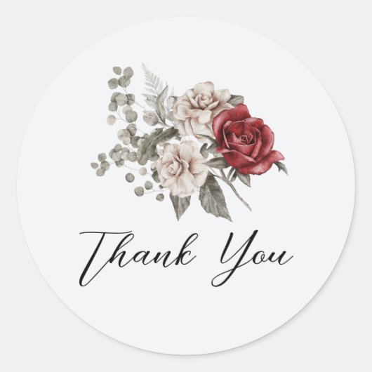 Rood Grijs & Cream Boho Bloem Boeket Dank u Ronde Sticker (Voorkant)