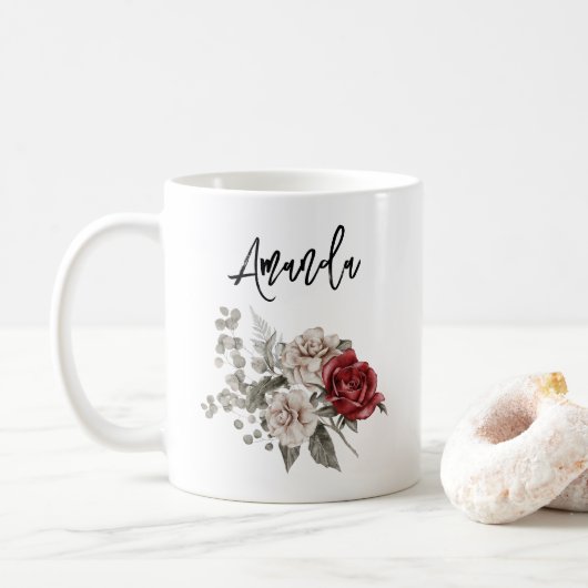 Rood Grijs & Cream Boho Bloem Boeket Koffiemok (Met donut)