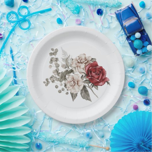 Rood Grijs & Cream Boho Bloem Boeket Papieren Bordje (Feest)