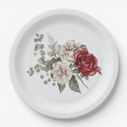 Rood Grijs & Cream Boho Bloem Boeket Papieren Bordje (Voorkant)
