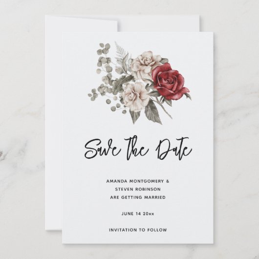 Rood Grijs & Cream Boho Bloem Boeket Save The Date (Voorkant)