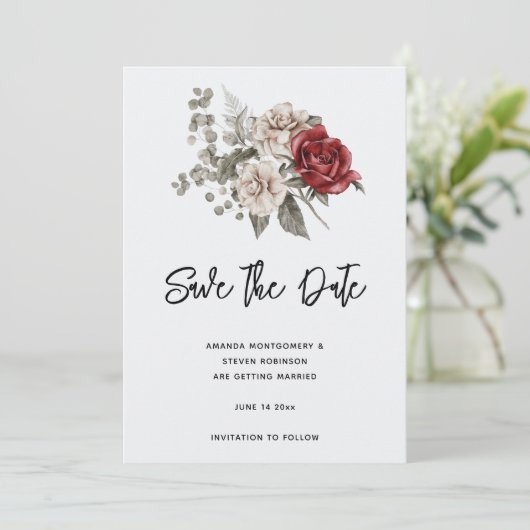 Rood Grijs & Cream Boho Bloem Boeket Save The Date (Staand voorkant)