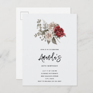 Rood Grijs & Cream Boho Bloem Boeket Verjaardag Uitnodiging Briefkaart