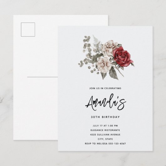 Rood Grijs & Cream Boho Bloem Boeket Verjaardag Uitnodiging Briefkaart (Voorkant / Achterkant)