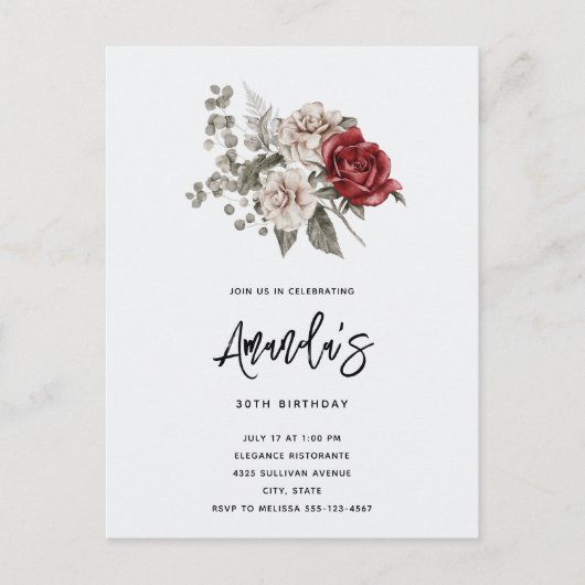 Rood Grijs & Cream Boho Bloem Boeket Verjaardag Uitnodiging Briefkaart (Voorkant)