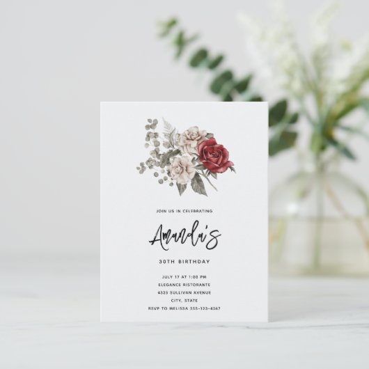 Rood Grijs & Cream Boho Bloem Boeket Verjaardag Uitnodiging Briefkaart (Staand voorkant)