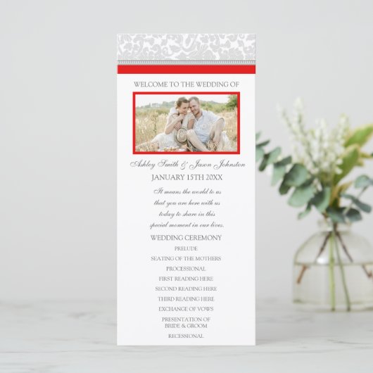 Rood Grijs Damast Foto Trouwprogramma Programmakaart (Staand voorkant)