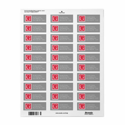 Rood grijs eenvoudig modern monogram etiket (Full Sheet)