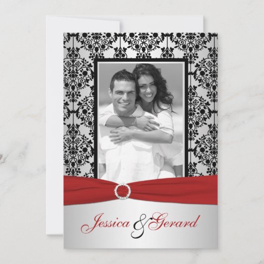 Rood, grijs en Black Damask Photo Wedding Invite Kaart (Voorkant)