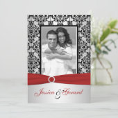 Rood, grijs en Black Damask Photo Wedding Invite Kaart (Staand voorkant)