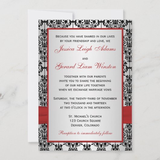 Rood, grijs en Black Damask Photo Wedding Invite Kaart (Achterkant)