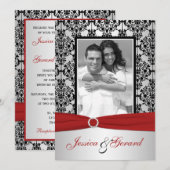 Rood, grijs en Black Damask Photo Wedding Invite Kaart (Voorkant / Achterkant)