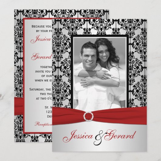 Rood, grijs en Black Damask Photo Wedding Invite Kaart (Voorkant / Achterkant)