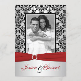 Rood, grijs en Black Damask Photo Wedding Invite Kaart
