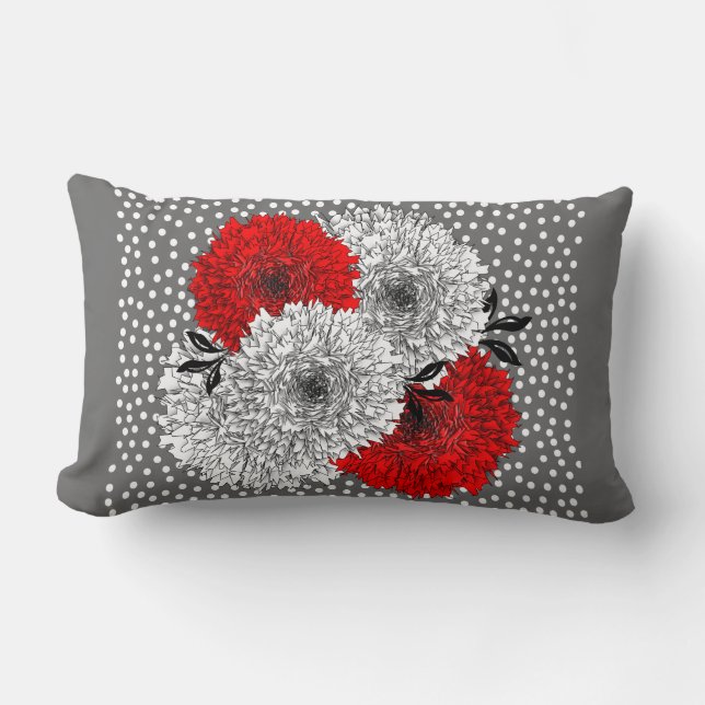Rood grijs en wit bloemmotief met stippenmix ontwe kussen (Voorkant)