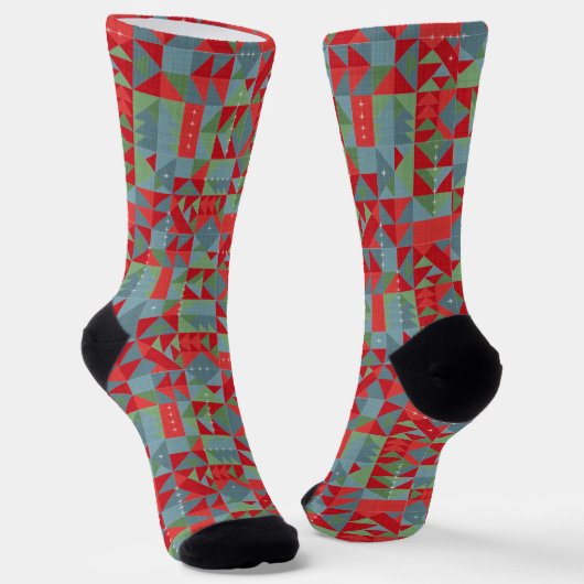 Rood, grijs, groen geometrisch patroon. sokken (Gebogen)