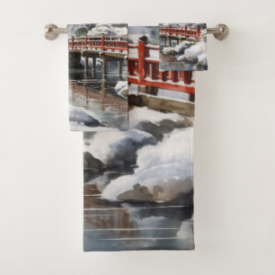 Rood Grijs Japanse Pagoda Soribashi Winter Bad Handdoek