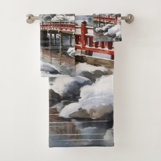Rood Grijs Japanse Pagoda Soribashi Winter Bad Handdoek (Insitu)