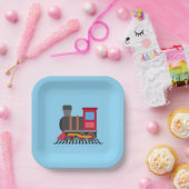 Rood, grijs, sinaasappel en blauw kleuren trein papieren bordje (Feest)