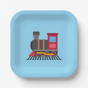 Rood, grijs, sinaasappel en blauw kleuren trein papieren bordje