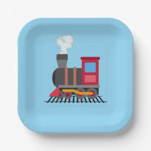 Rood, grijs, sinaasappel en blauw kleuren trein papieren bordje