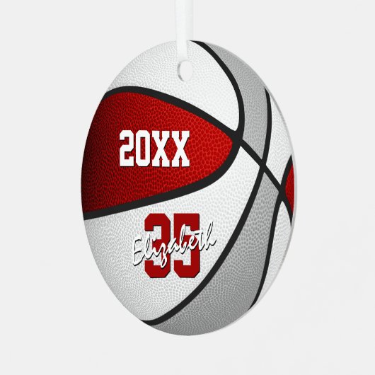 Rood grijs sportteam kleuren geschenken basketbal metalen ornament (Voorkant links)