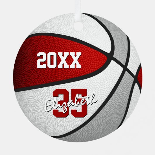 Rood grijs sportteam kleuren geschenken basketbal metalen ornament (Achterkant)