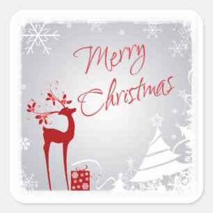 Rood Grijs Vrolijk Kersthert, Sneeuwvlokken Sticke Vierkante Sticker