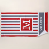 Rood Grijs Wit Cabana Stripe Familienaam Monogram Strandlaken (Voorkant)