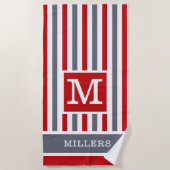 Rood Grijs Wit Cabana Stripe Familienaam Monogram Strandlaken (Voorkant)