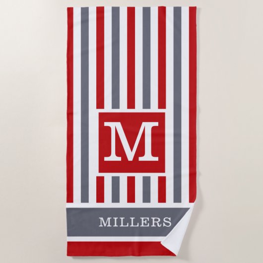 Rood Grijs Wit Cabana Stripe Familienaam Monogram Strandlaken (Voorkant)