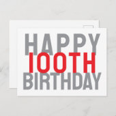 Rood Grijs Wit Modern Vet Gelukkig 100ste Verjaard Briefkaart (Voorkant / Achterkant)
