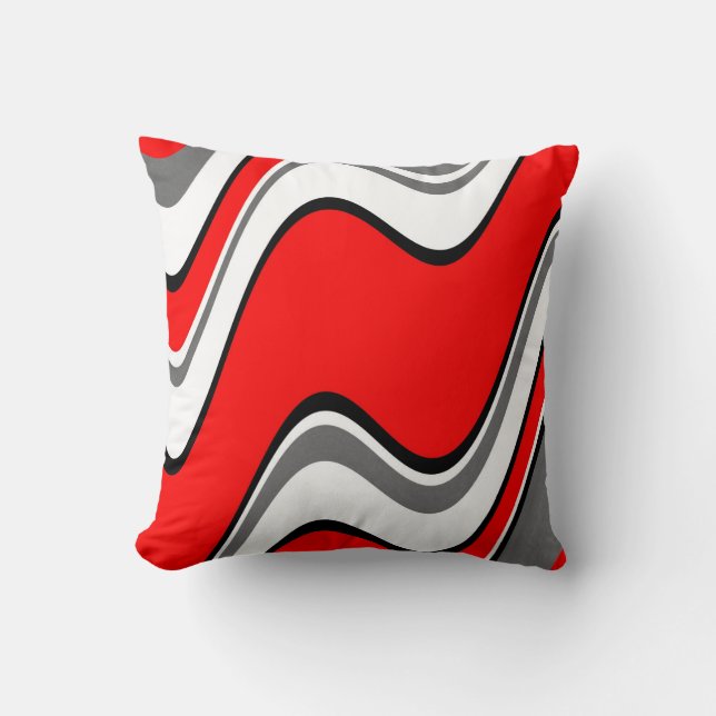 Rood Grijs Zwart Wit Abstract Golven Kussen (Voorkant)