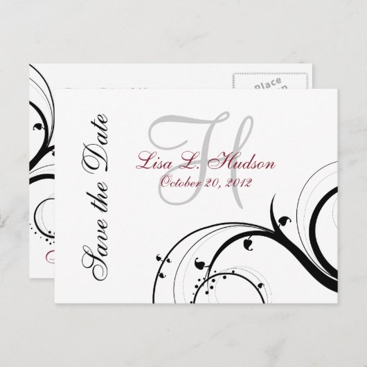 Rood, grijs, zwarte wervelingen Save the Date Brie Aankondigingskaart (Voorkant / Achterkant)