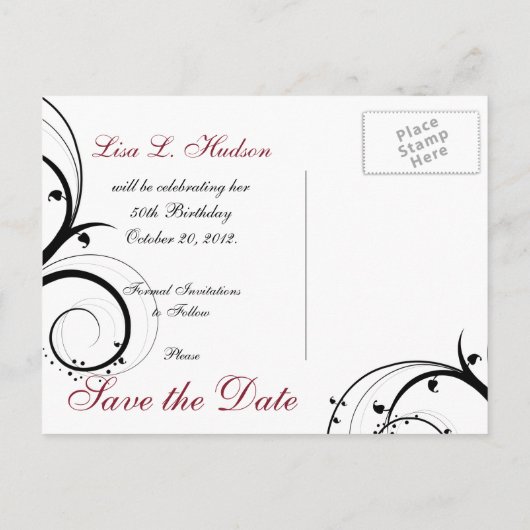 Rood, grijs, zwarte wervelingen Save the Date Brie Aankondigingskaart (Achterkant)