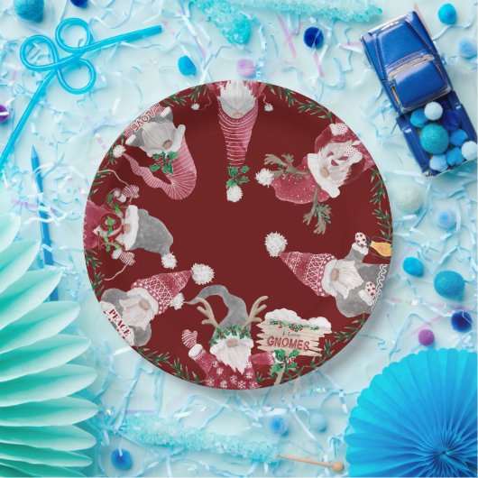 Rood Grijze Gnomes Christmas Waterverf Leaf Foliag Papieren Bordje (Feest)