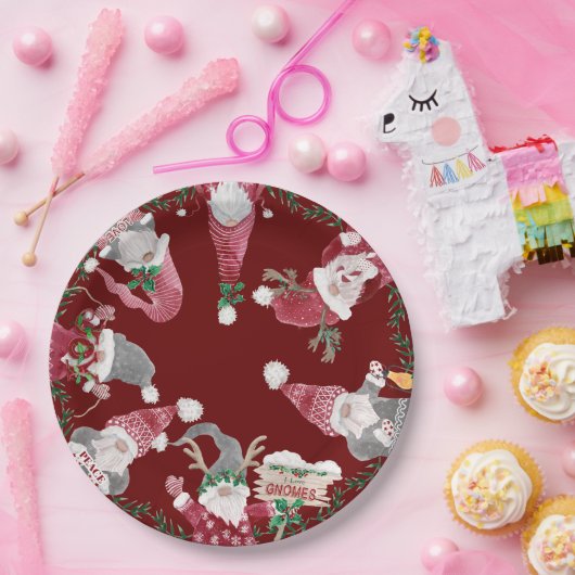 Rood Grijze Gnomes Christmas Waterverf Leaf Foliag Papieren Bordje (Feest)